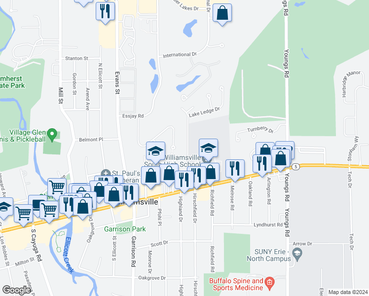 map of restaurants, bars, coffee shops, grocery stores, and more near 94 Farber Lane in Williamsville