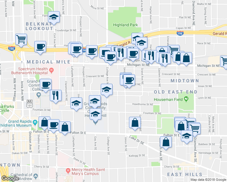 map of restaurants, bars, coffee shops, grocery stores, and more near Lyon St NE & Antisdel Pl NE in Grand Rapids