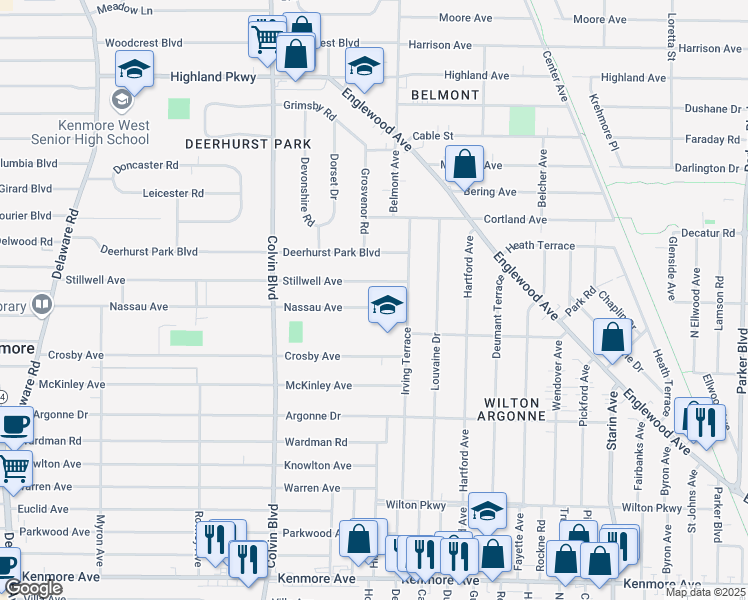 map of restaurants, bars, coffee shops, grocery stores, and more near 366 Nassau Avenue in Buffalo