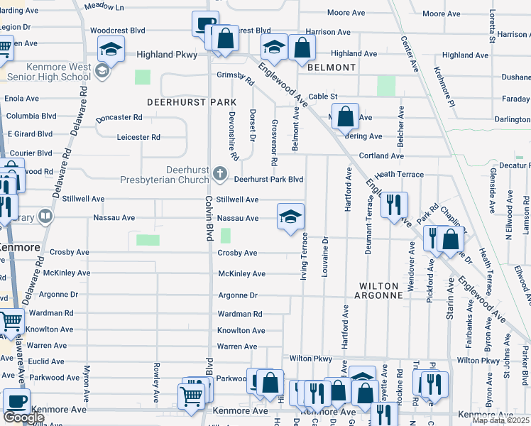 map of restaurants, bars, coffee shops, grocery stores, and more near 342 Nassau Avenue in Buffalo