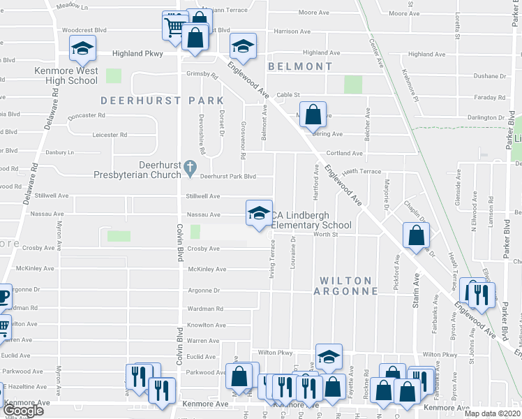 map of restaurants, bars, coffee shops, grocery stores, and more near 380 Nassau Avenue in Buffalo