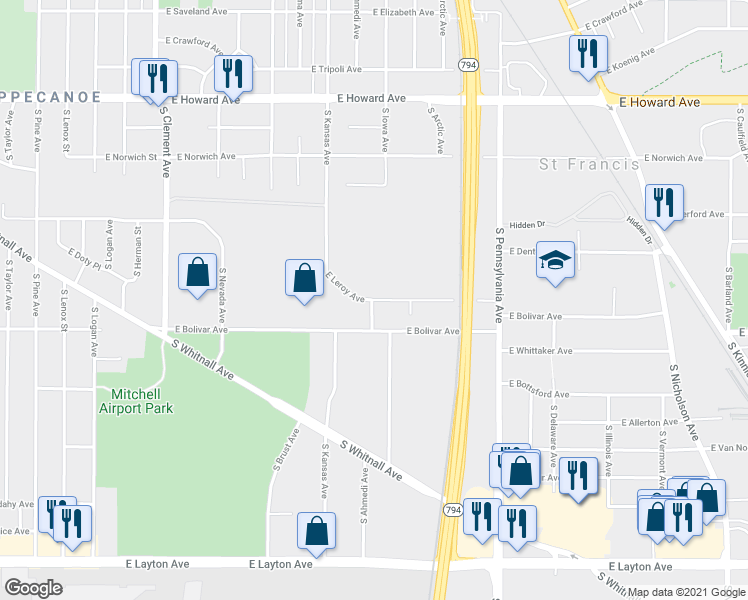 map of restaurants, bars, coffee shops, grocery stores, and more near 1926 E Leroy Ave in St Francis