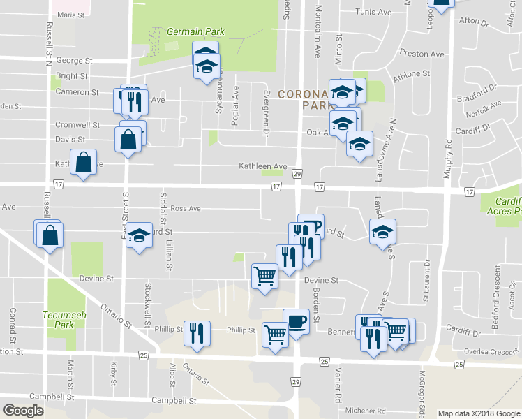 map of restaurants, bars, coffee shops, grocery stores, and more near Carleton Place in Sarnia