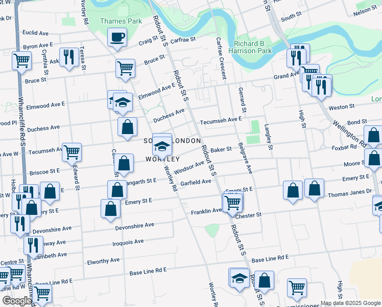 map of restaurants, bars, coffee shops, grocery stores, and more near 285 Briscoe Street East in London