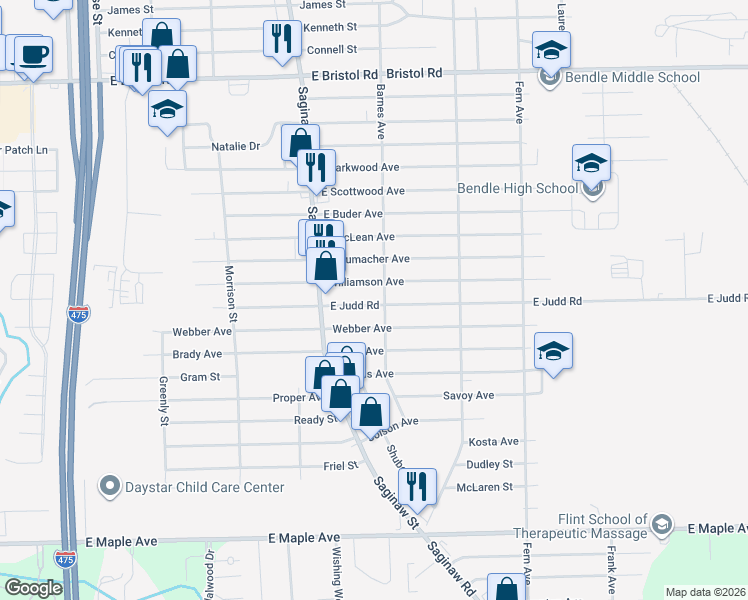 map of restaurants, bars, coffee shops, grocery stores, and more near 2065 East Judd Road in Burton
