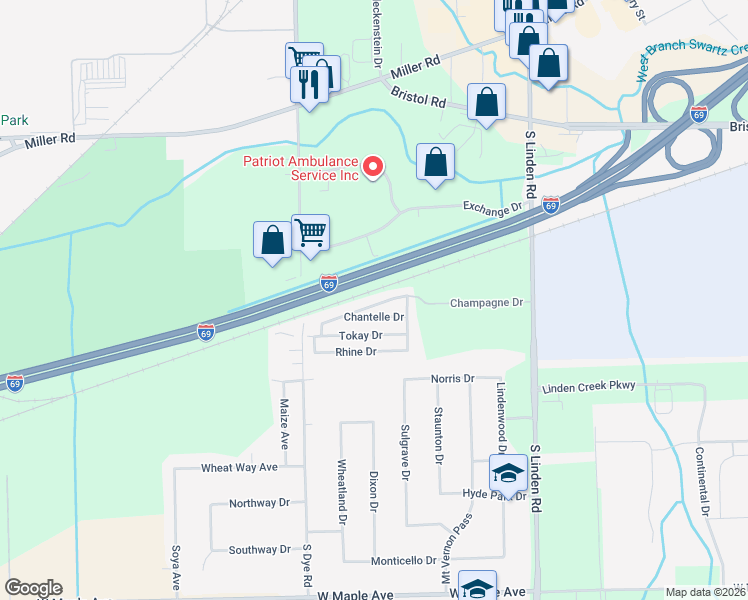 map of restaurants, bars, coffee shops, grocery stores, and more near 5149 Champagne Drive in Flint