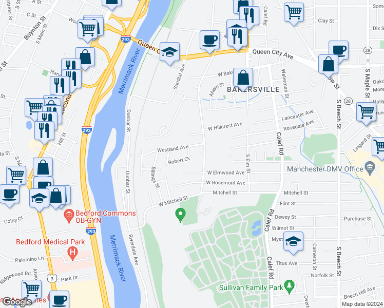 map of restaurants, bars, coffee shops, grocery stores, and more near 34 Westland Avenue in Manchester