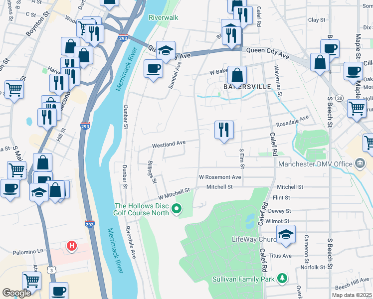 map of restaurants, bars, coffee shops, grocery stores, and more near 34 Westland Avenue in Manchester