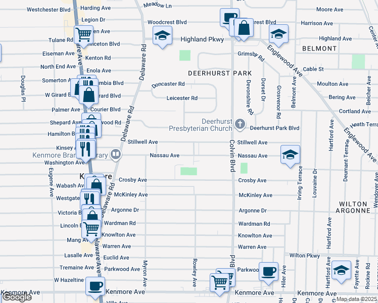 map of restaurants, bars, coffee shops, grocery stores, and more near 138 Nassau Avenue in Buffalo