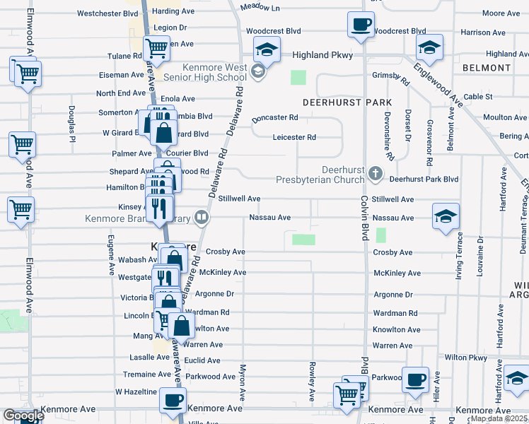 map of restaurants, bars, coffee shops, grocery stores, and more near 104 Nassau Avenue in Buffalo