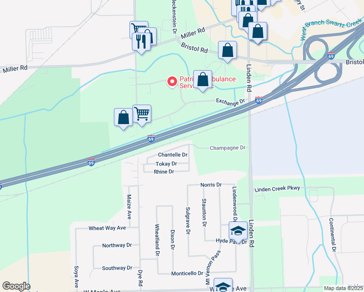 map of restaurants, bars, coffee shops, grocery stores, and more near 5149 Champagne Drive in Flint