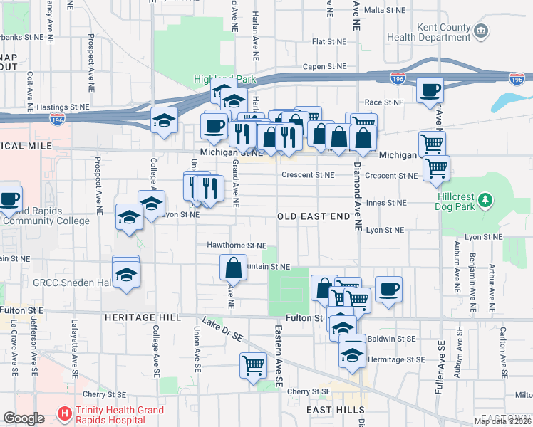 map of restaurants, bars, coffee shops, grocery stores, and more near 749 Lyon Street Northeast in Grand Rapids