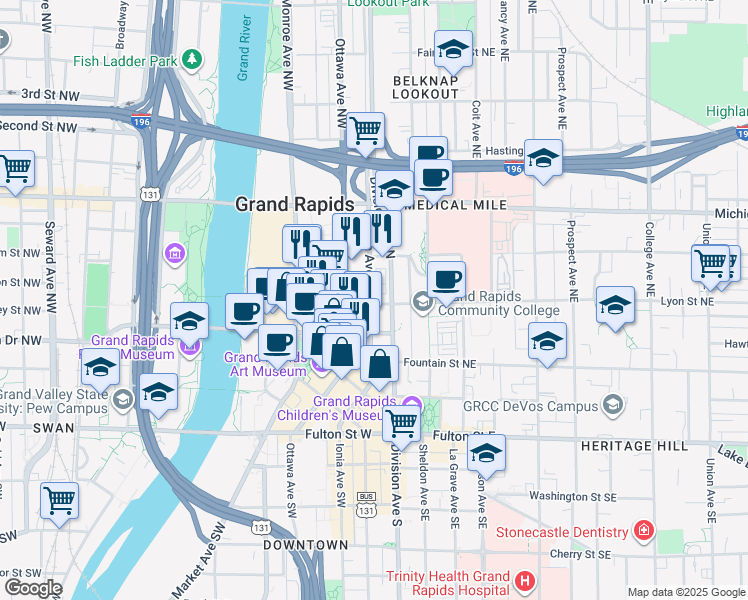 map of restaurants, bars, coffee shops, grocery stores, and more near 200 Ionia Avenue Northwest in Grand Rapids
