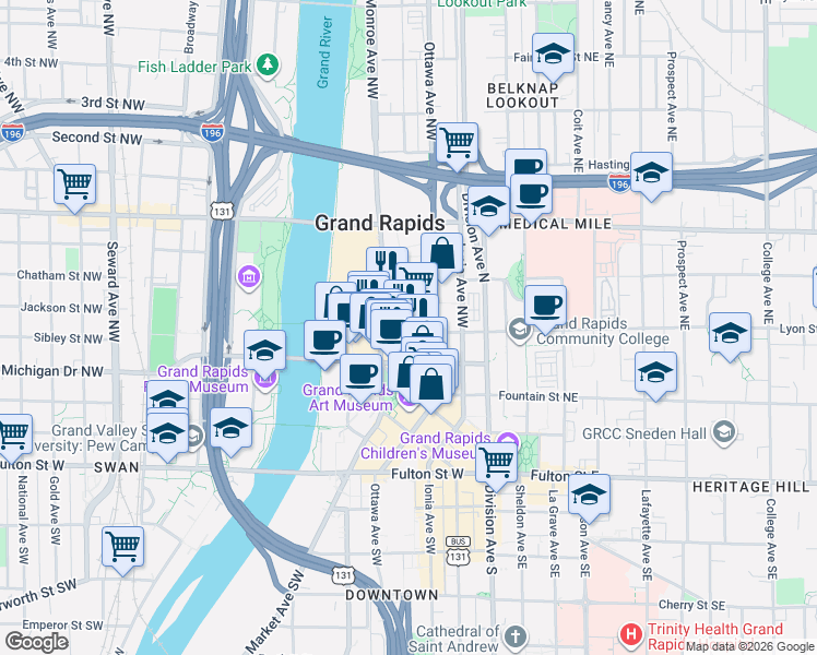 map of restaurants, bars, coffee shops, grocery stores, and more near 111 Lyon Street Northwest in Grand Rapids