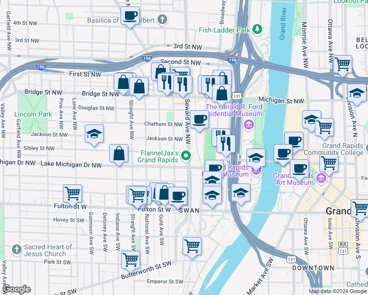 map of restaurants, bars, coffee shops, grocery stores, and more near 211 Seward Avenue Northwest in Grand Rapids
