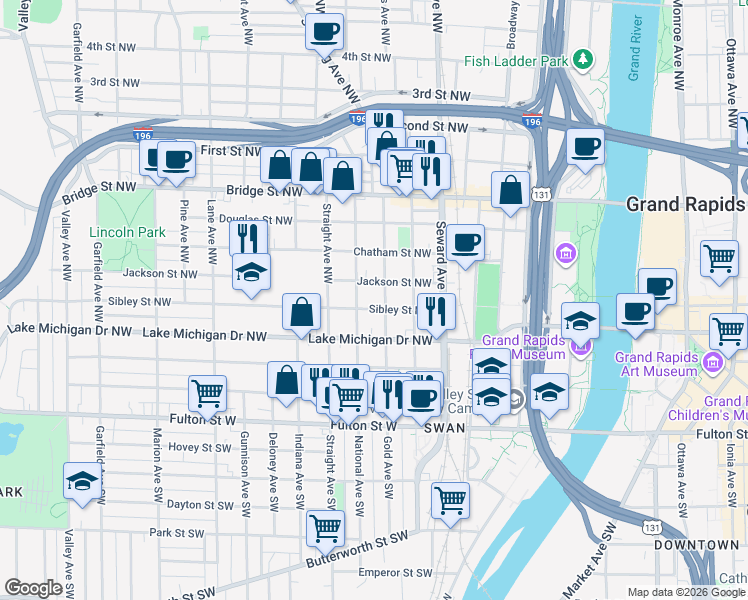 map of restaurants, bars, coffee shops, grocery stores, and more near 208 National Avenue Northwest in Grand Rapids