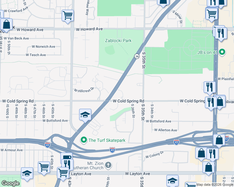 map of restaurants, bars, coffee shops, grocery stores, and more near 4223 Ridgewood Lane in Greenfield