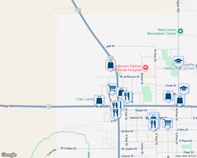 map of restaurants, bars, coffee shops, grocery stores, and more near 799 West Jefferson Street in West Union