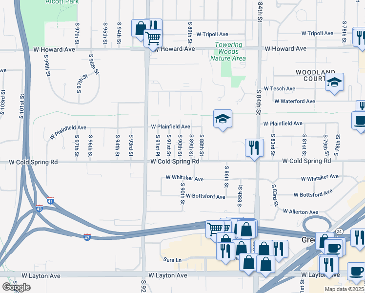 map of restaurants, bars, coffee shops, grocery stores, and more near 4262 South 90th Street in Greenfield