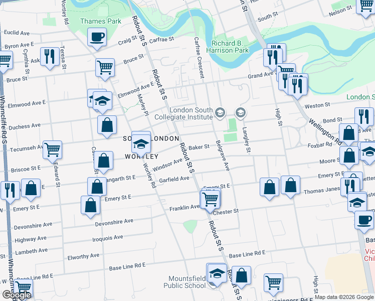 map of restaurants, bars, coffee shops, grocery stores, and more near 250 Ridout Street South in London