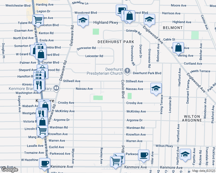 map of restaurants, bars, coffee shops, grocery stores, and more near 186 Nassau Avenue in Buffalo