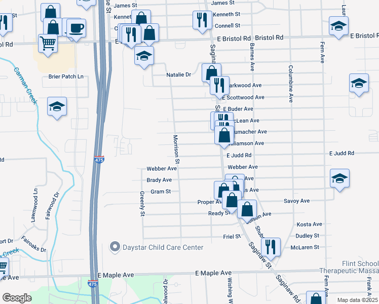map of restaurants, bars, coffee shops, grocery stores, and more near 1467 E Judd Rd in Burton