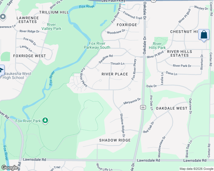 map of restaurants, bars, coffee shops, grocery stores, and more near 2412 Kestrel Lane in Waukesha