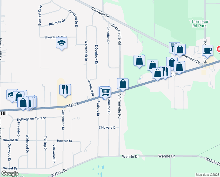 map of restaurants, bars, coffee shops, grocery stores, and more near 8880 Main Street in Williamsville