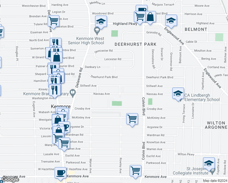 map of restaurants, bars, coffee shops, grocery stores, and more near 138 Nassau Avenue in Buffalo