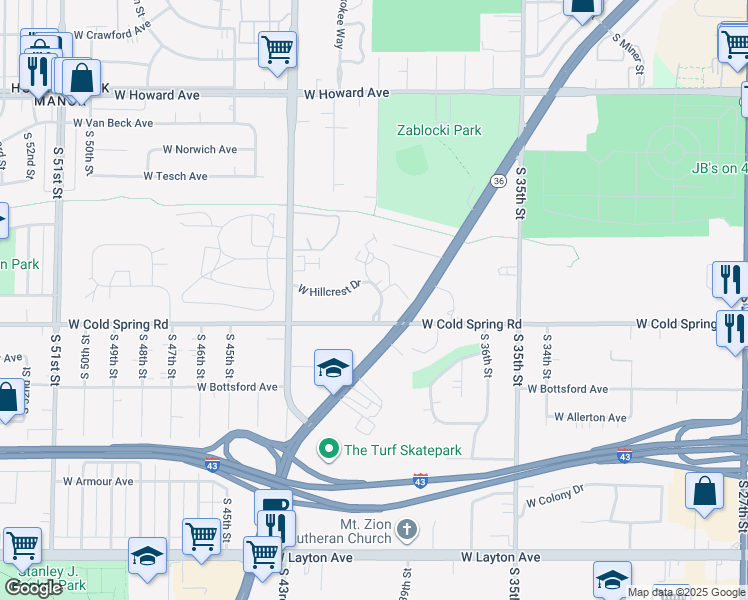 map of restaurants, bars, coffee shops, grocery stores, and more near 4285 South Ravinia Drive in Greenfield