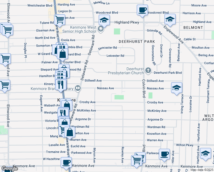 map of restaurants, bars, coffee shops, grocery stores, and more near 104 Nassau Avenue in Buffalo