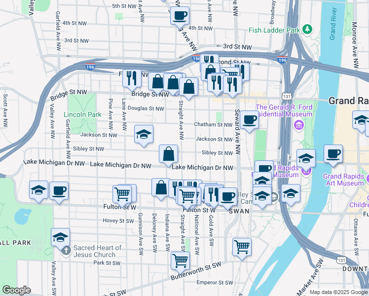 map of restaurants, bars, coffee shops, grocery stores, and more near 204 Straight Avenue Northwest in Grand Rapids