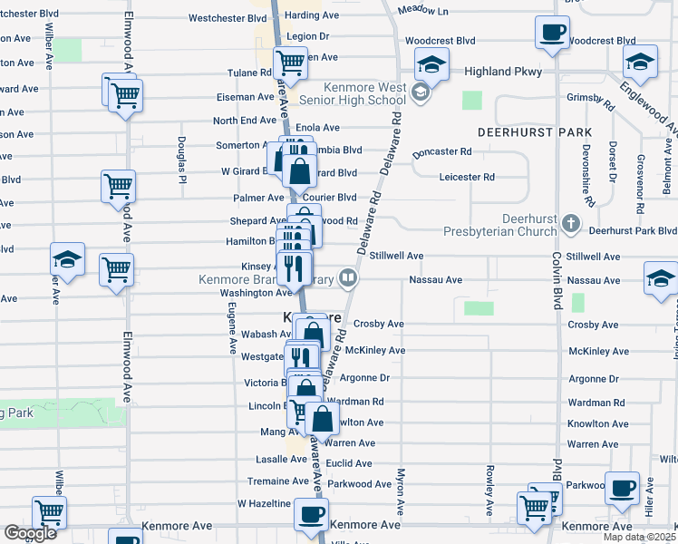 map of restaurants, bars, coffee shops, grocery stores, and more near 49 Allegany Avenue in Kenmore