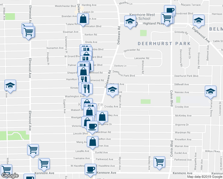 map of restaurants, bars, coffee shops, grocery stores, and more near 24 Nassau Avenue in Buffalo