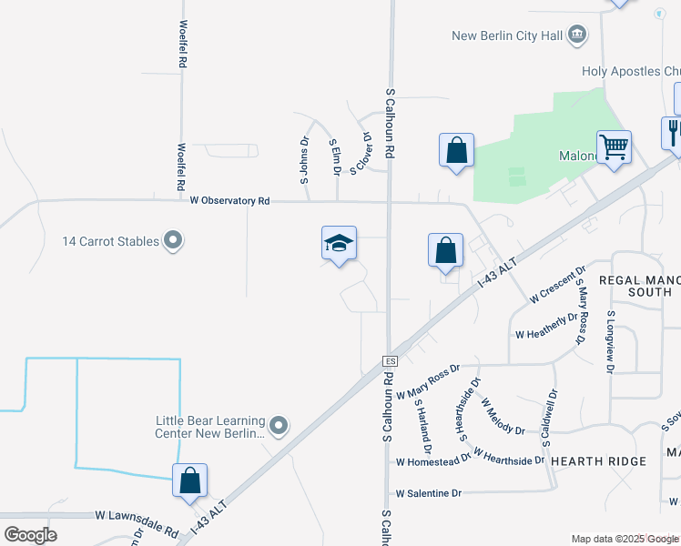 map of restaurants, bars, coffee shops, grocery stores, and more near 4225 South Calhoun Road in New Berlin