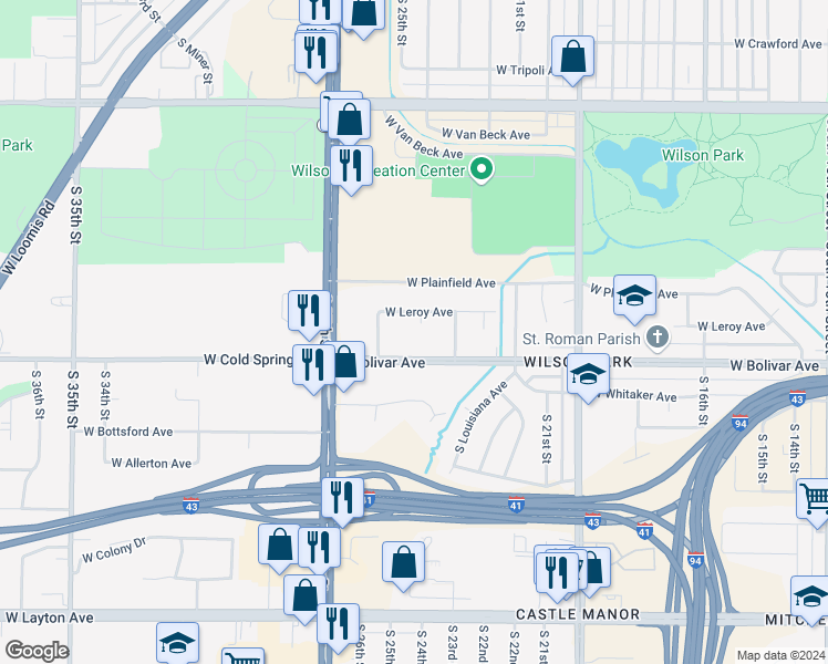 map of restaurants, bars, coffee shops, grocery stores, and more near 4261 South 24th Court in Milwaukee