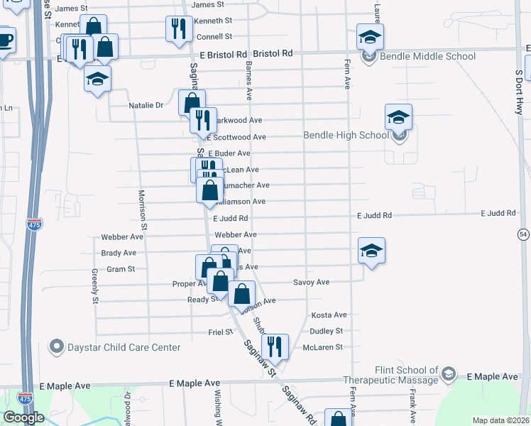 map of restaurants, bars, coffee shops, grocery stores, and more near 2111 East Judd Road in Burton