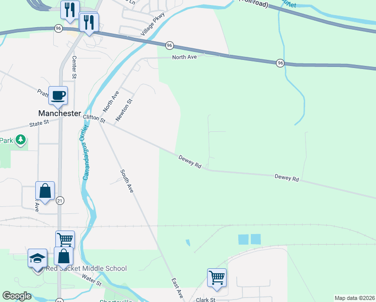 map of restaurants, bars, coffee shops, grocery stores, and more near 3982 Dewey Road in Shortsville