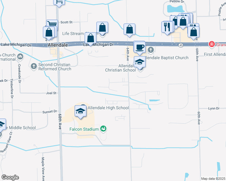 map of restaurants, bars, coffee shops, grocery stores, and more near 6425 Mista Drive in Allendale Charter Township