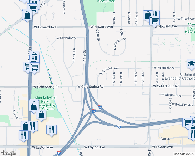 map of restaurants, bars, coffee shops, grocery stores, and more near 4235 South 99th Street in Greenfield