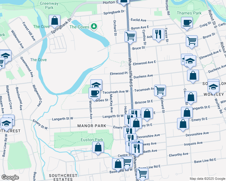 map of restaurants, bars, coffee shops, grocery stores, and more near 34 Tecumseh Avenue West in London