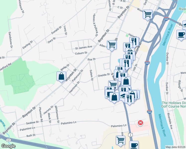 map of restaurants, bars, coffee shops, grocery stores, and more near 117 Gilford Street in Manchester