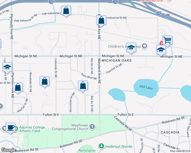 map of restaurants, bars, coffee shops, grocery stores, and more near 2375 Kent Boulevard Northeast in Grand Rapids