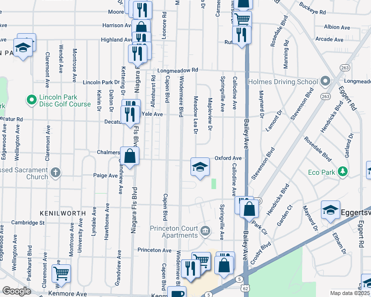 map of restaurants, bars, coffee shops, grocery stores, and more near 373 Windermere Boulevard in Buffalo
