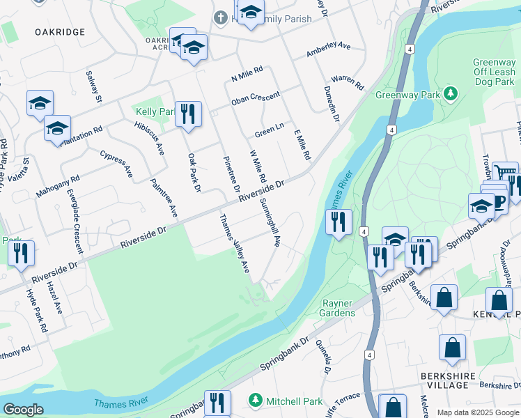 map of restaurants, bars, coffee shops, grocery stores, and more near 819 Embassy Avenue in London