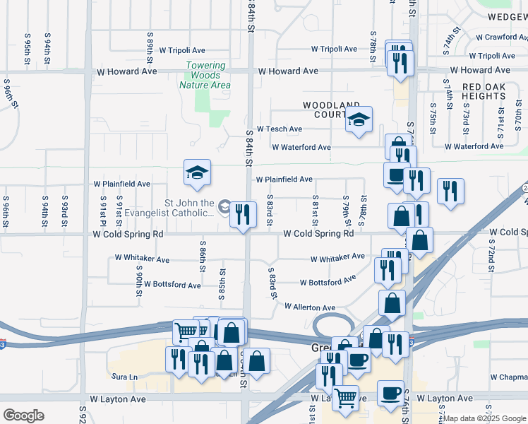 map of restaurants, bars, coffee shops, grocery stores, and more near 4261 South 83rd Street in Greenfield