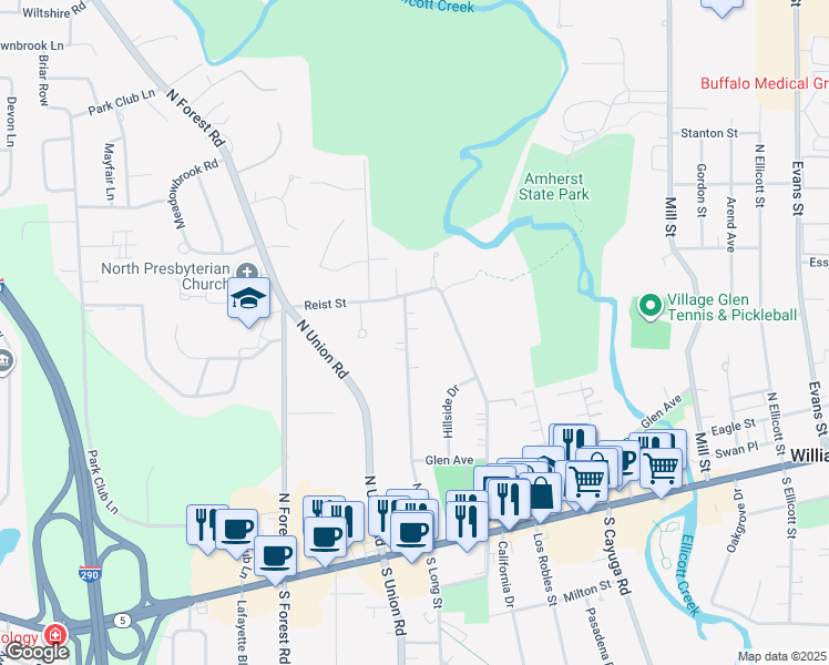 map of restaurants, bars, coffee shops, grocery stores, and more near 217 North Long Street in Buffalo