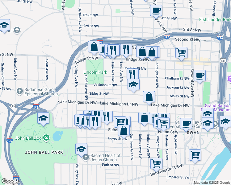 map of restaurants, bars, coffee shops, grocery stores, and more near 1019 Sibley Street Northwest in Grand Rapids
