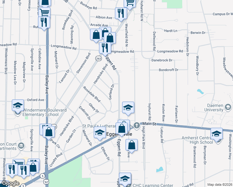 map of restaurants, bars, coffee shops, grocery stores, and more near 1432 Eggert Road in Buffalo