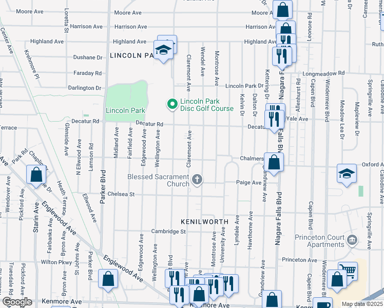 map of restaurants, bars, coffee shops, grocery stores, and more near 331 Claremont Avenue in Tonawanda Town
